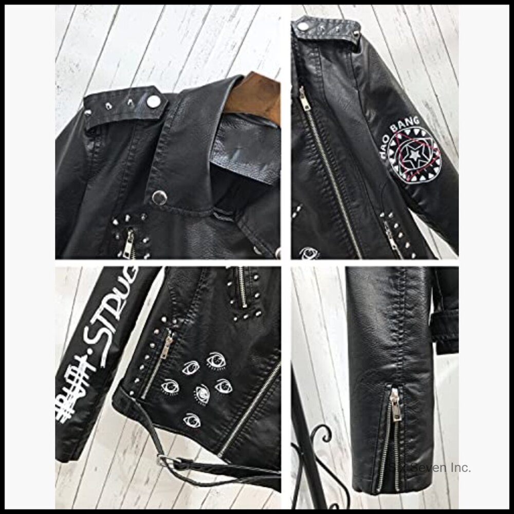 Faux Leather Punk Biker Jacket with Belt and Rivet Decoration - Picture 4 of 7
